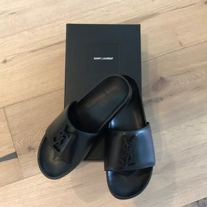 YSL Joan Logo Black Leather Slides